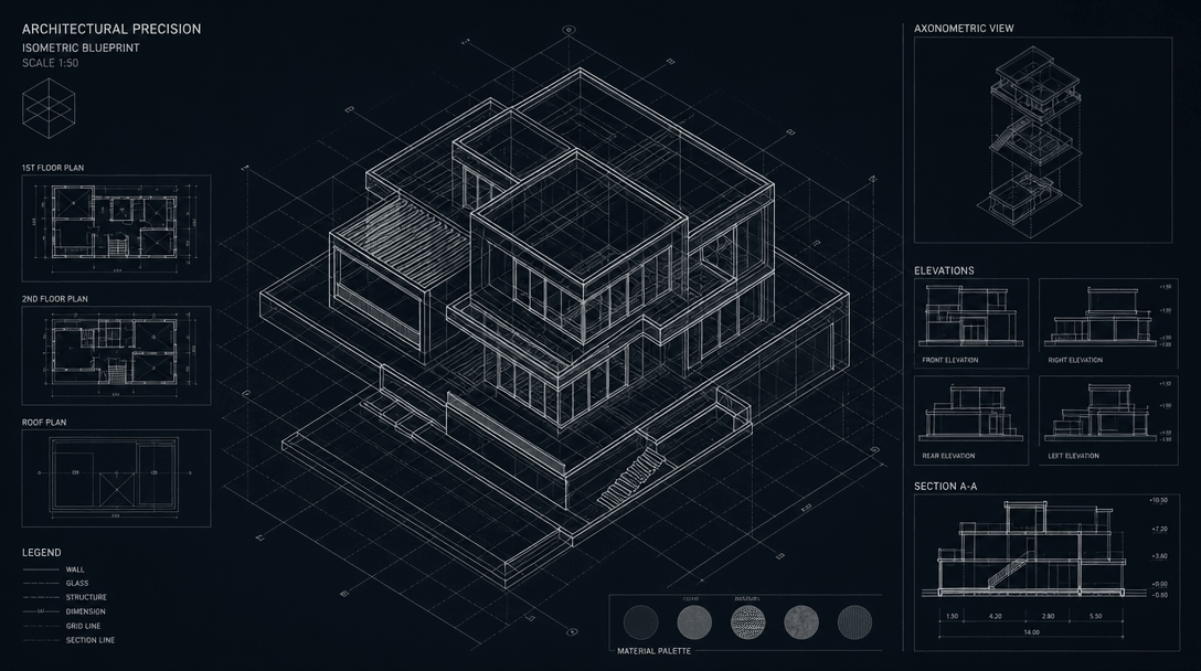 Architectural precision concept: Clean blueprint lines organizing into a perfect isometric grid, rotating perspective re