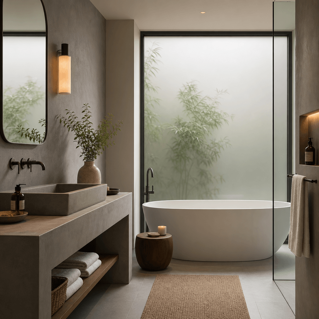 Spa-inspired luxury bathroom with concrete basin, freestanding white bathtub, and frosted glass window filtering soft di