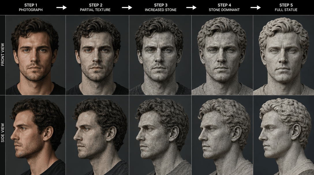 Transformation sequence showing portrait morphing from photograph to stone statue texture in split-screen comparison vie