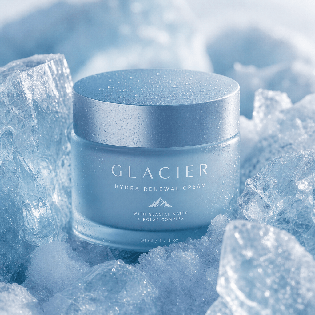 A close-up shot of a beauty product surrounded by ice crystals, showcasing the Glacier template's unique icy aesthetic. 