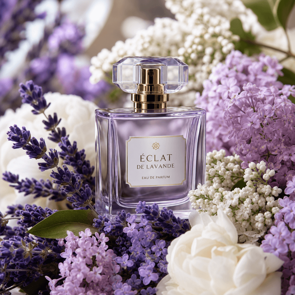 Elegant glass perfume bottle surrounded by lavender, lilac, and white bloom clusters, natural diffused light, premium lu