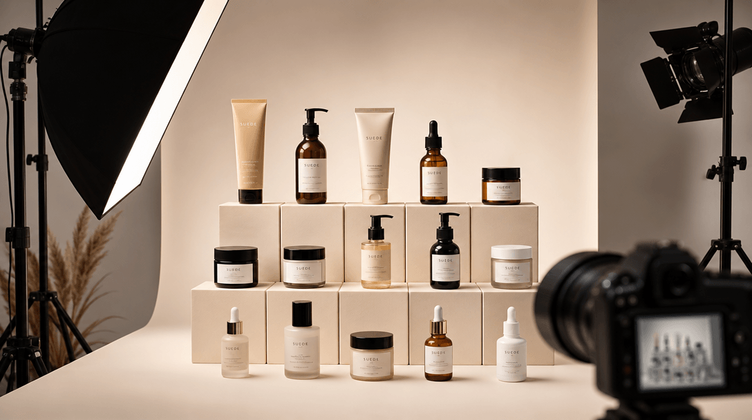 Product photography studio environment with soft key lighting, multiple beauty products arranged in organized grid patte