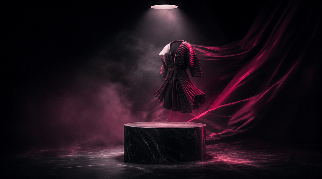 An empty cinematic production stage distilled to a single product pedestal, dramatic fabric, a focused spotlight, and a 