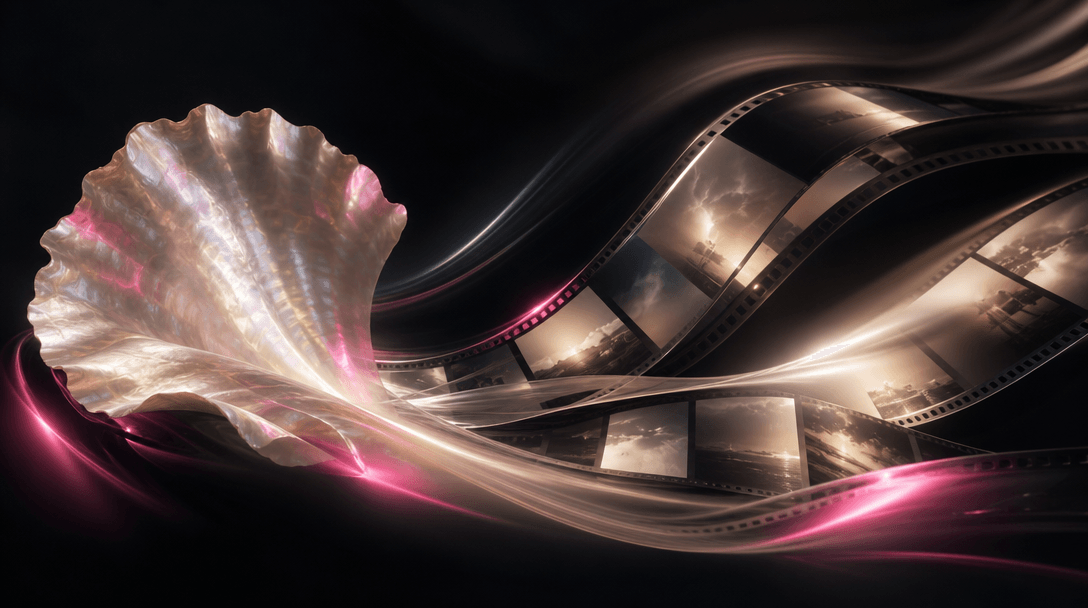 An abstract cinematic composition where pearlescent shell textures transition into flowing film-like ribbons, luminous i