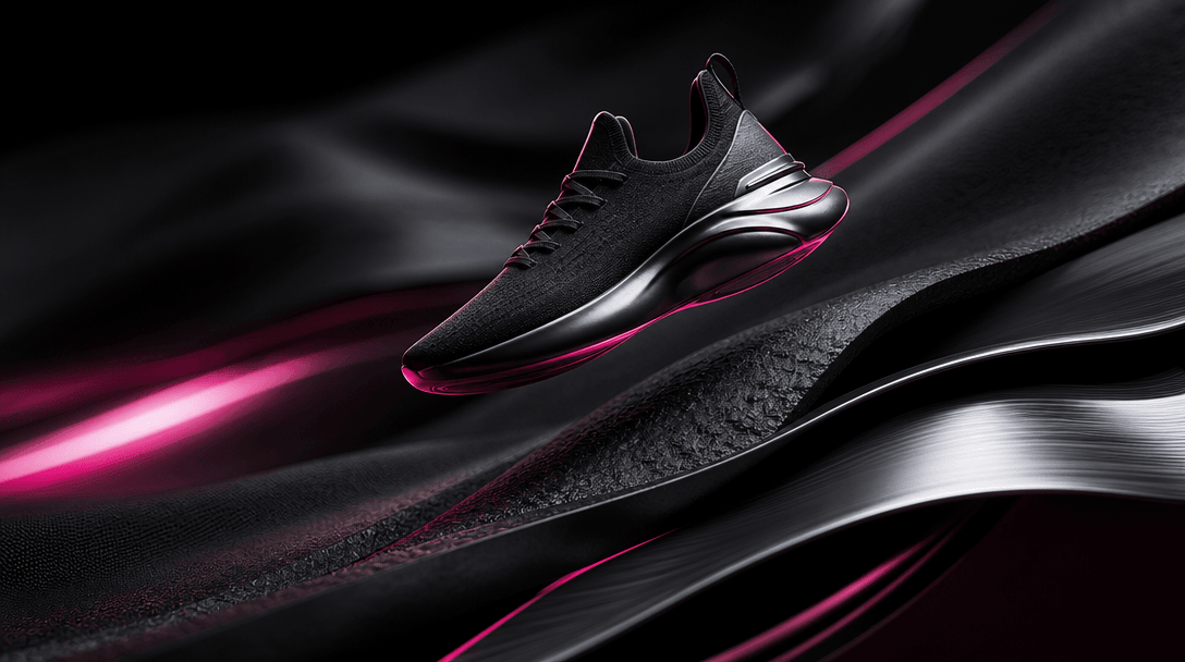 A single sneaker suspended above layered dark surfaces that appear to flow forward like a continuous path, combining mat