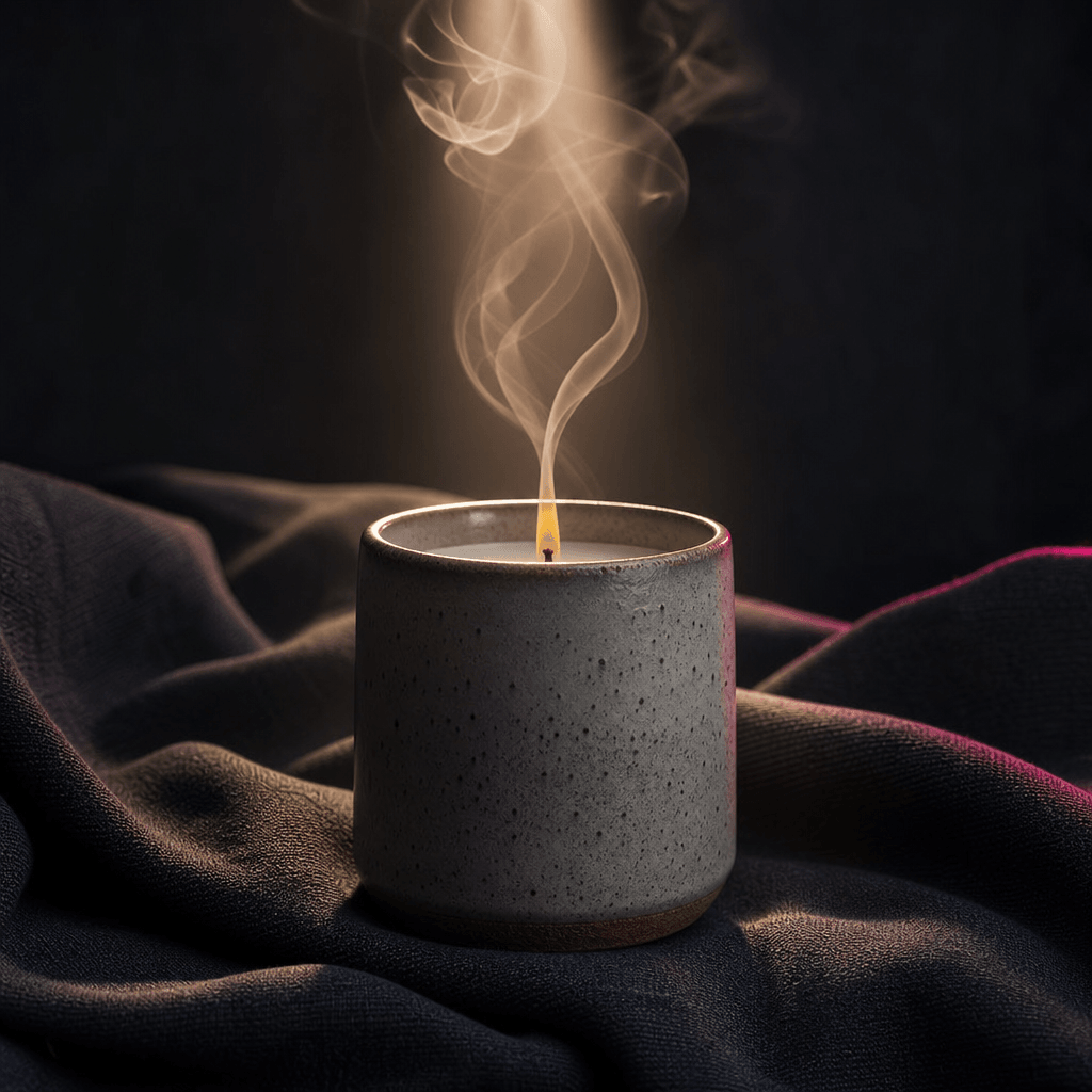 A ceramic candle centered on folded charcoal fabric as a narrow warm beam illuminates drifting smoke above the wick. Dar