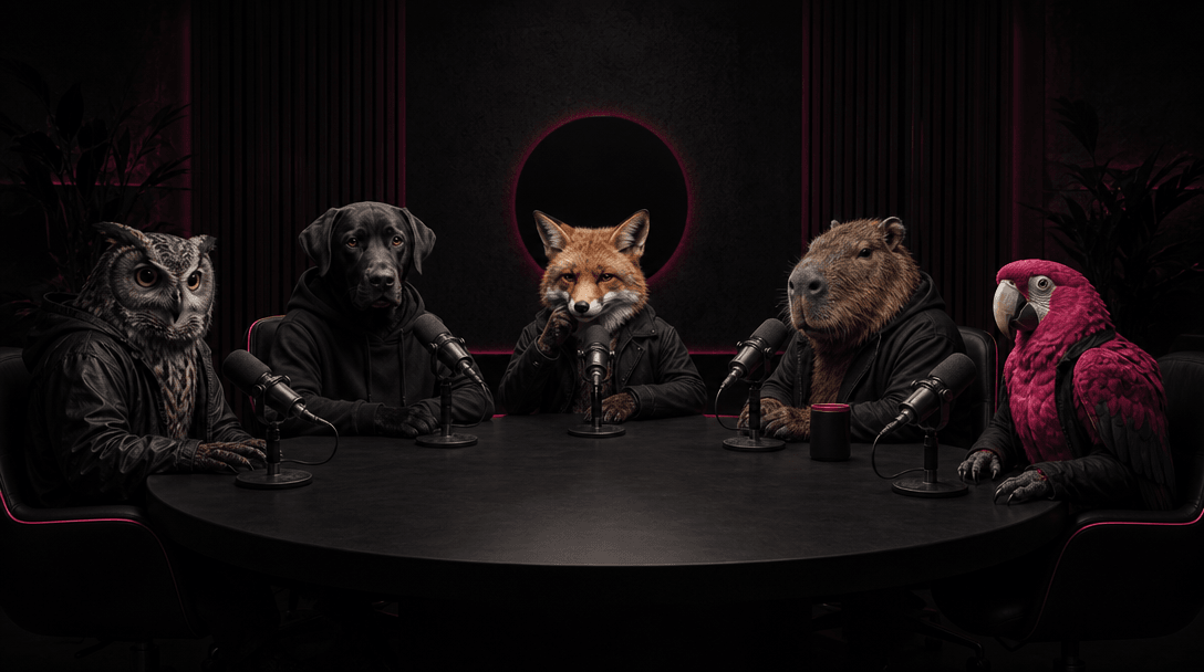 A cinematic lineup of animal host archetypes emerging from darkness around a circular podcast table: owl, dog, fox, capy