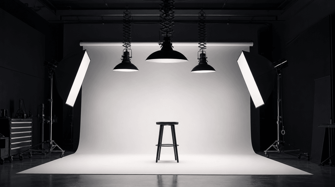 Professional photography studio setup with white seamless backdrop, studio lighting rigs positioned overhead, soft diffu