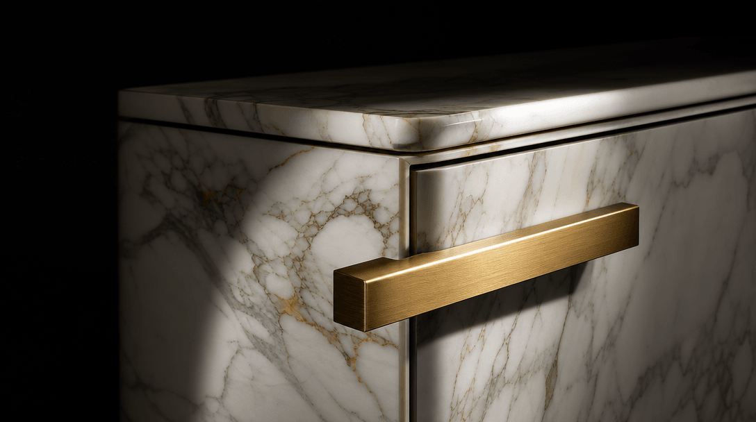 Studio commercial hero shot of a luxury architectural detail — polished Calacatta marble surface with a refined brushed 
