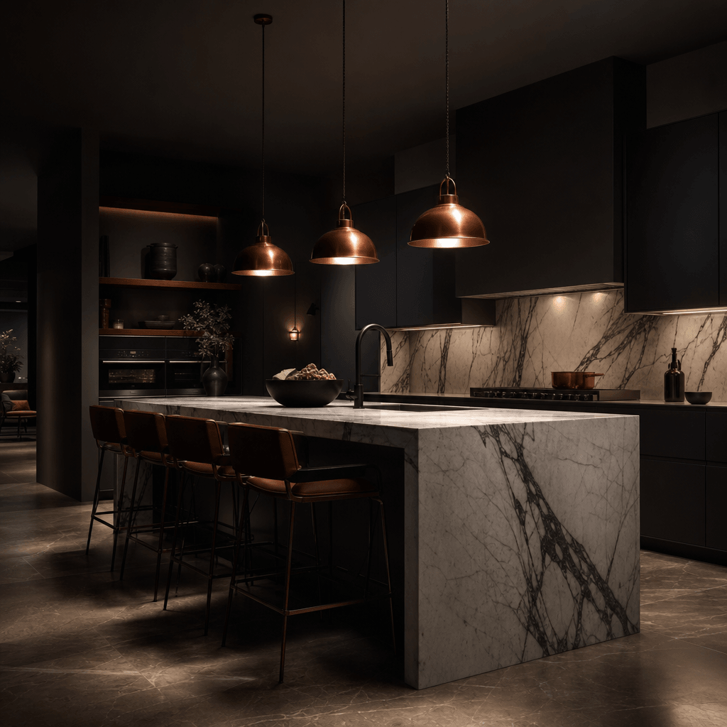 Cinematic editorial still of a transformed contemporary kitchen: matte black cabinetry, marble waterfall island, copper 
