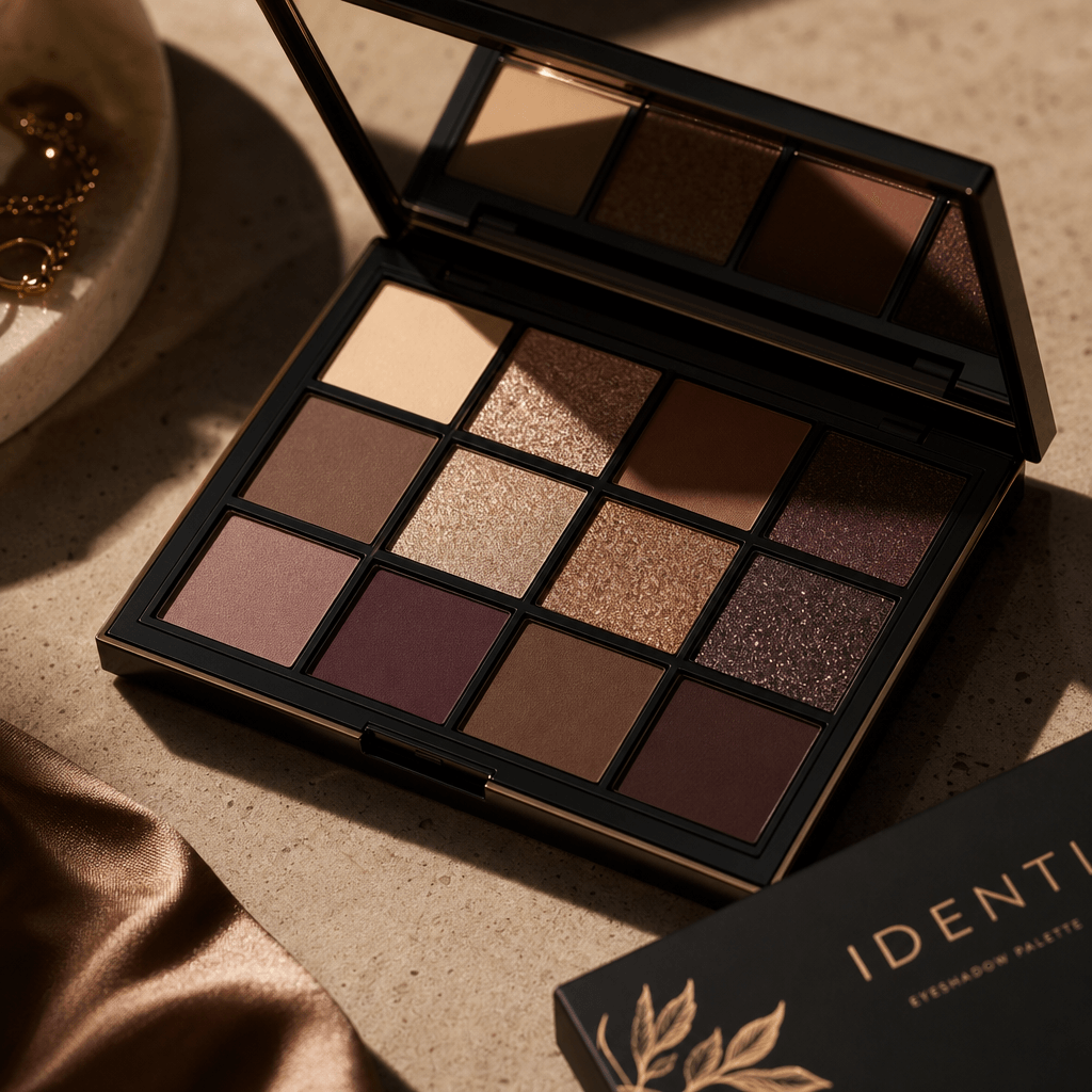 A stylish shot of a makeup palette, with shadows adding depth and intrigue to the arrangement of colors and textures.