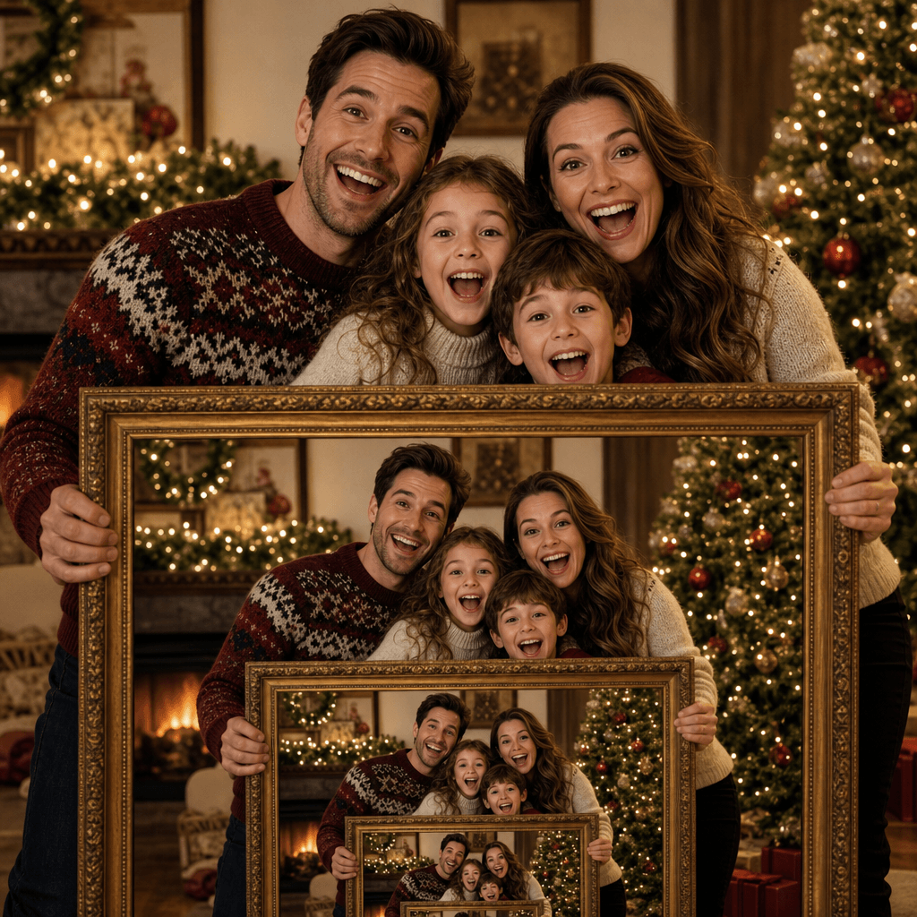 Holiday family portrait with recursive frame-within-frame effect. Cozy indoor setting, warm seasonal lighting, animated 