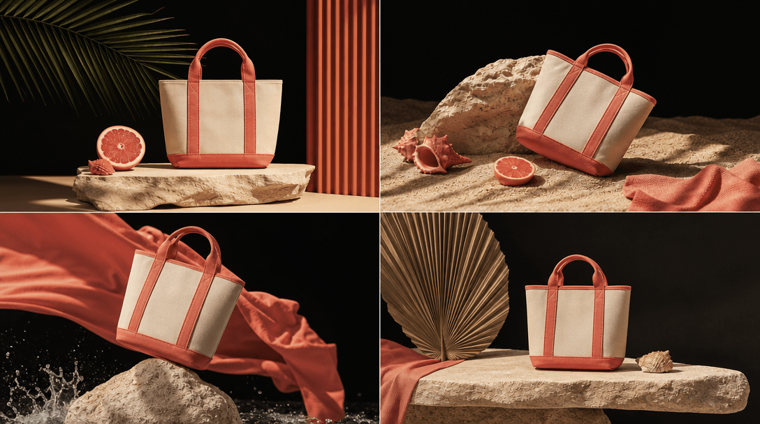 Four coordinated miniature summer product stages arranged as an editorial campaign series, each using cream canvas, cora