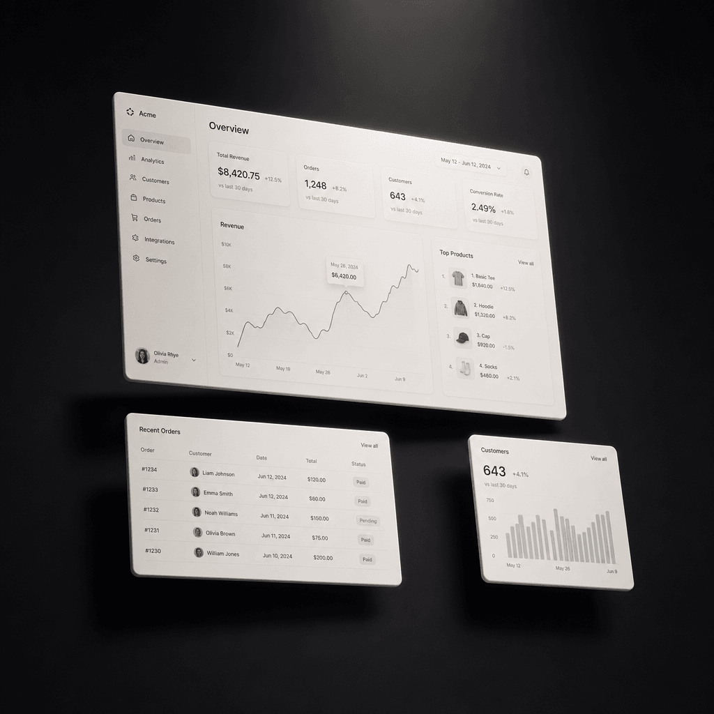 Minimal SaaS dashboard rendered as glowing off-white UI cards floating above a deep matte black surface. Clean sans-seri