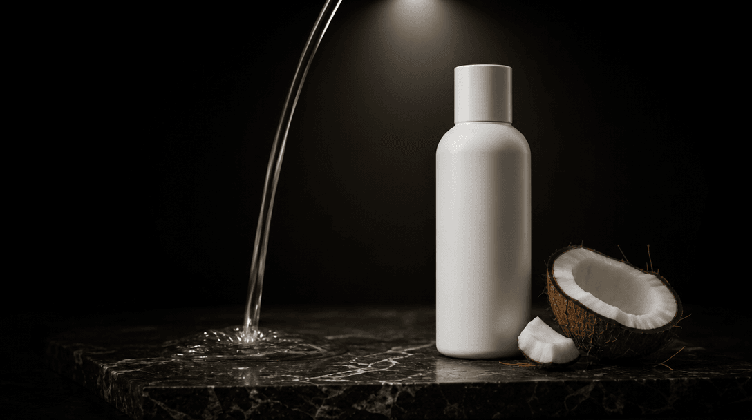 Time-frozen macro moment: a thin arc of pure coconut oil pours from above and lands on a dark marble slab beside a minim