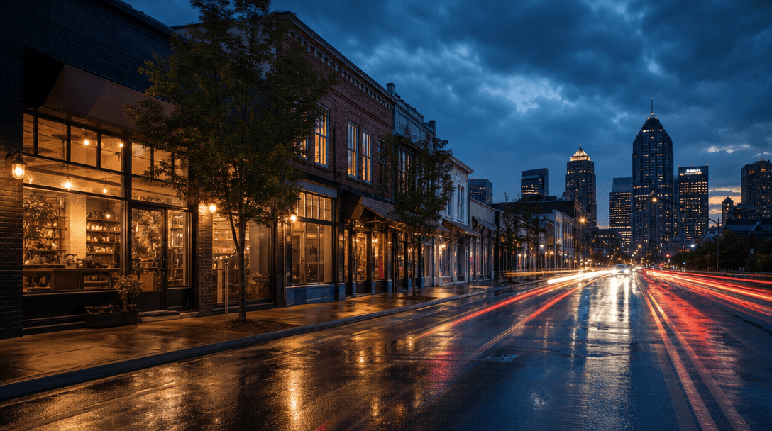 Cinematic long-exposure city street at dusk: local storefronts with warm interior lighting glowing through windows, silk