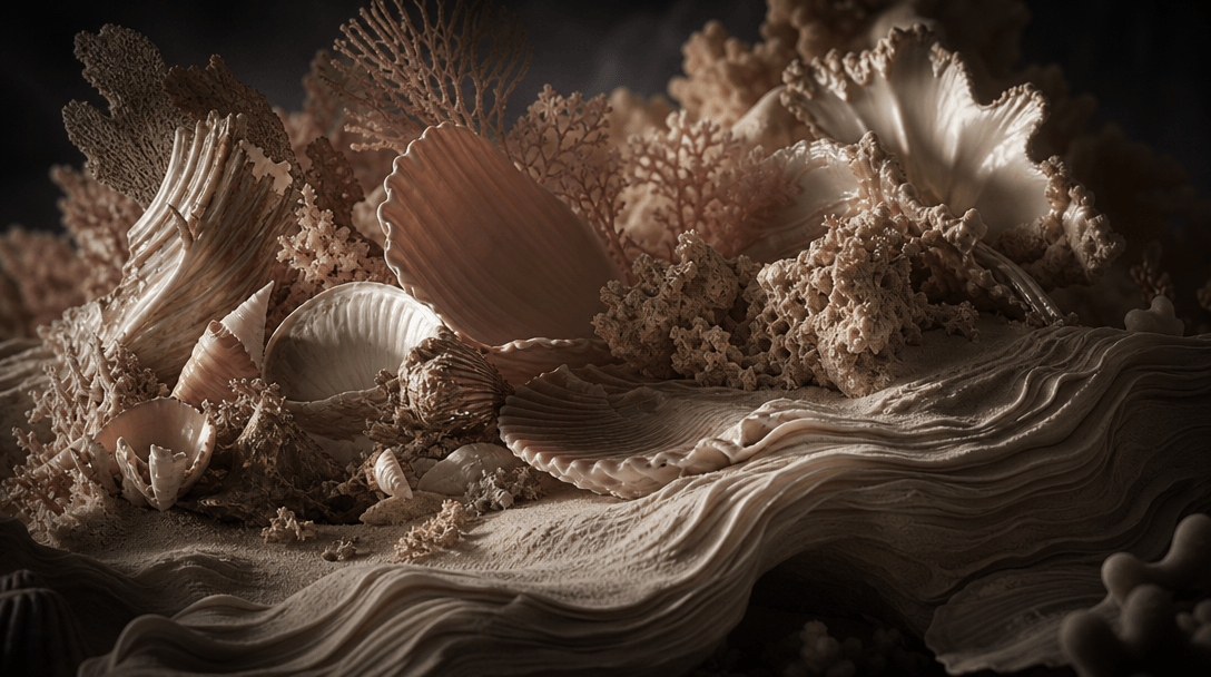 An abstract landscape of layered seashells, pale sand ridges, nacre surfaces, and delicate coral forms arranged like a m