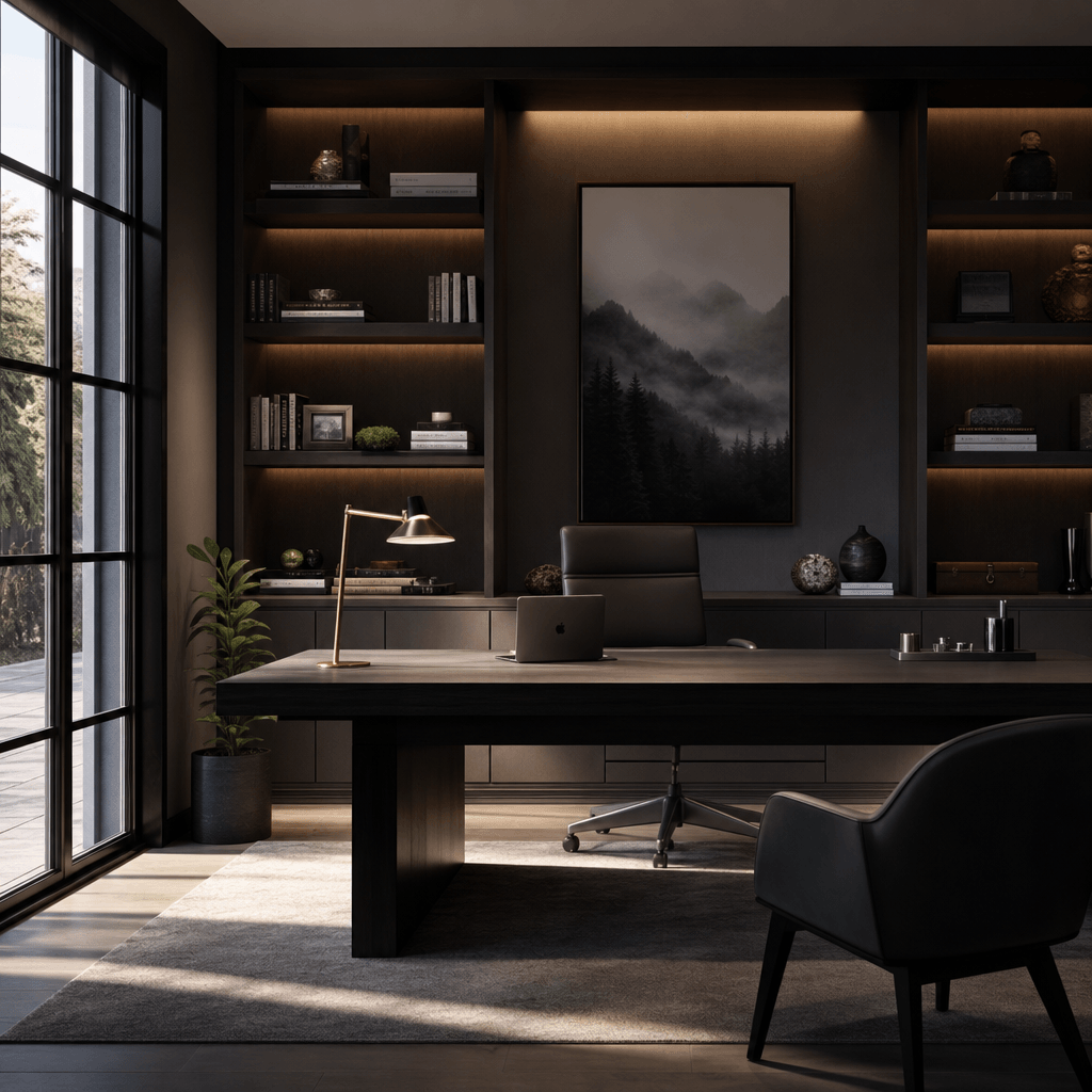 Photorealistic 3D render of a contemporary home office interior, dark editorial mood, built-in shelving with warm ambien
