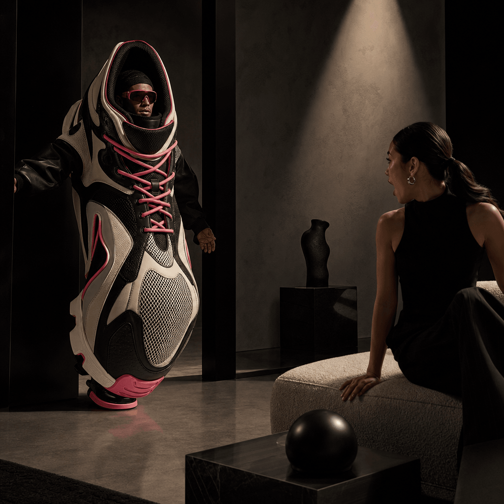 A playful product reveal featuring an abstract adult man dressed as an oversized sculptural sneaker, entering a minimal 