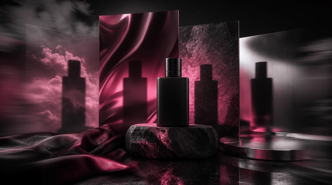 A single product silhouette casting multiple coordinated shadows across clouds, satin, stone, and reflective metal surfa