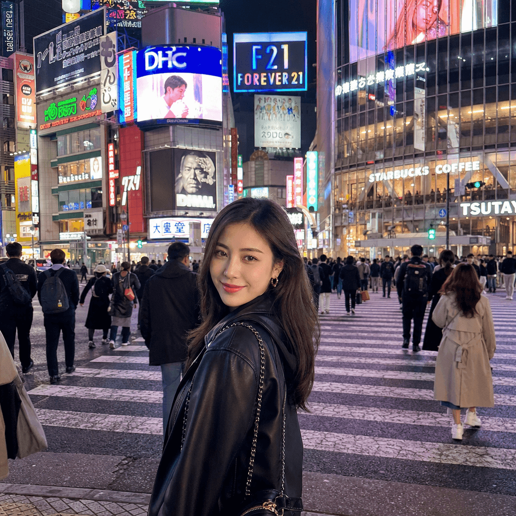Person posing at Tokyo street crossing with neon signs and crowds. Vibrant urban lighting, contemporary Asian city atmos