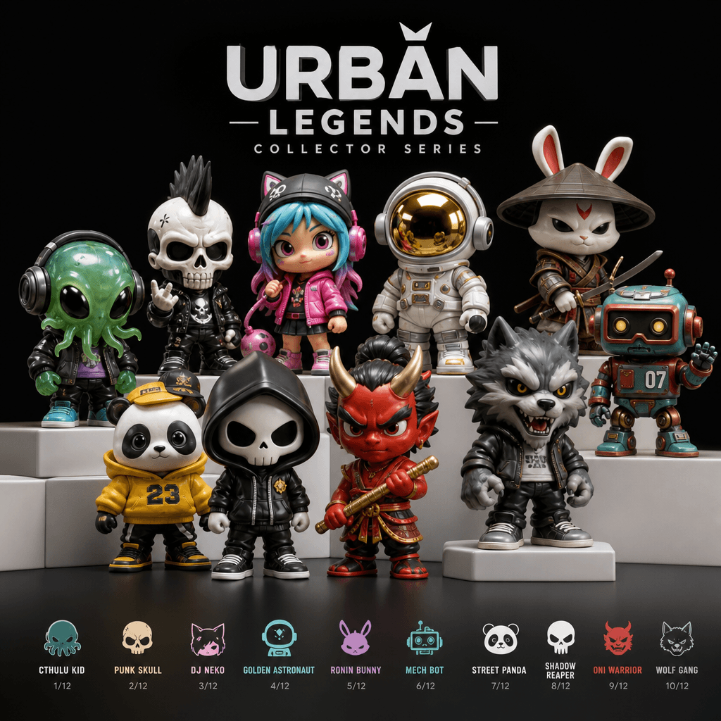 Collection of multiple unique plastic figurines arranged together, varied designs and styles, professional product light