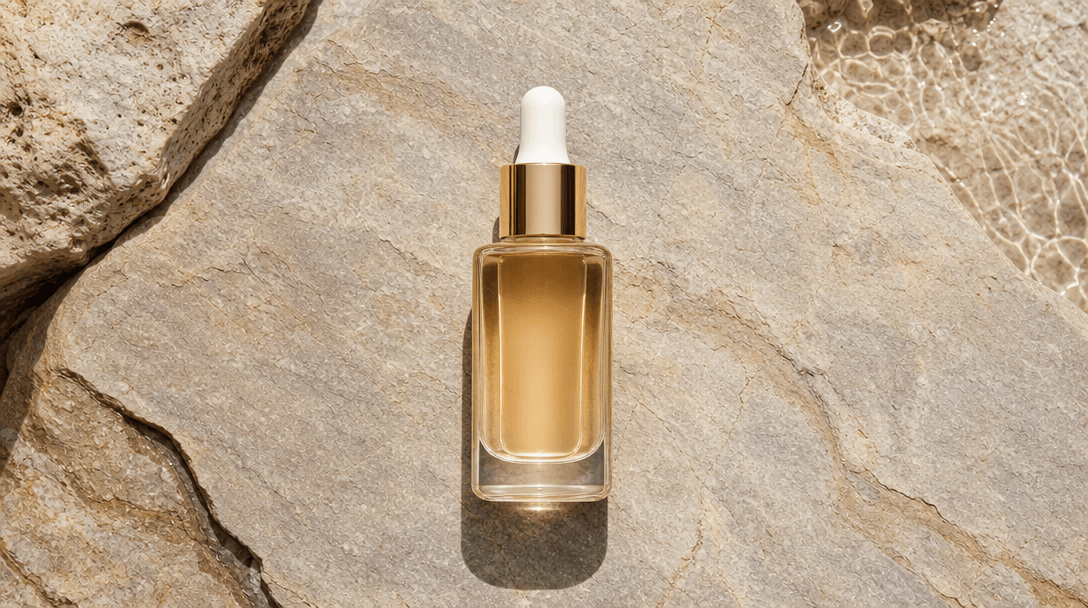 A skincare serum bottle precisely centred on a textured coastal stone surface in bright natural light, shadow perfectly 
