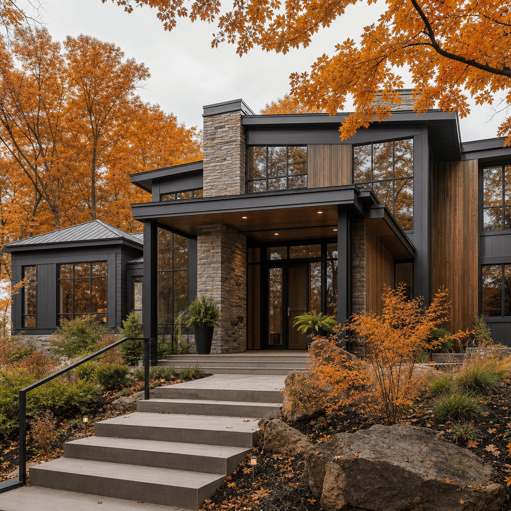Modern residential property surrounded by peak autumn foliage — vivid orange and amber tree canopy framing the facade, o