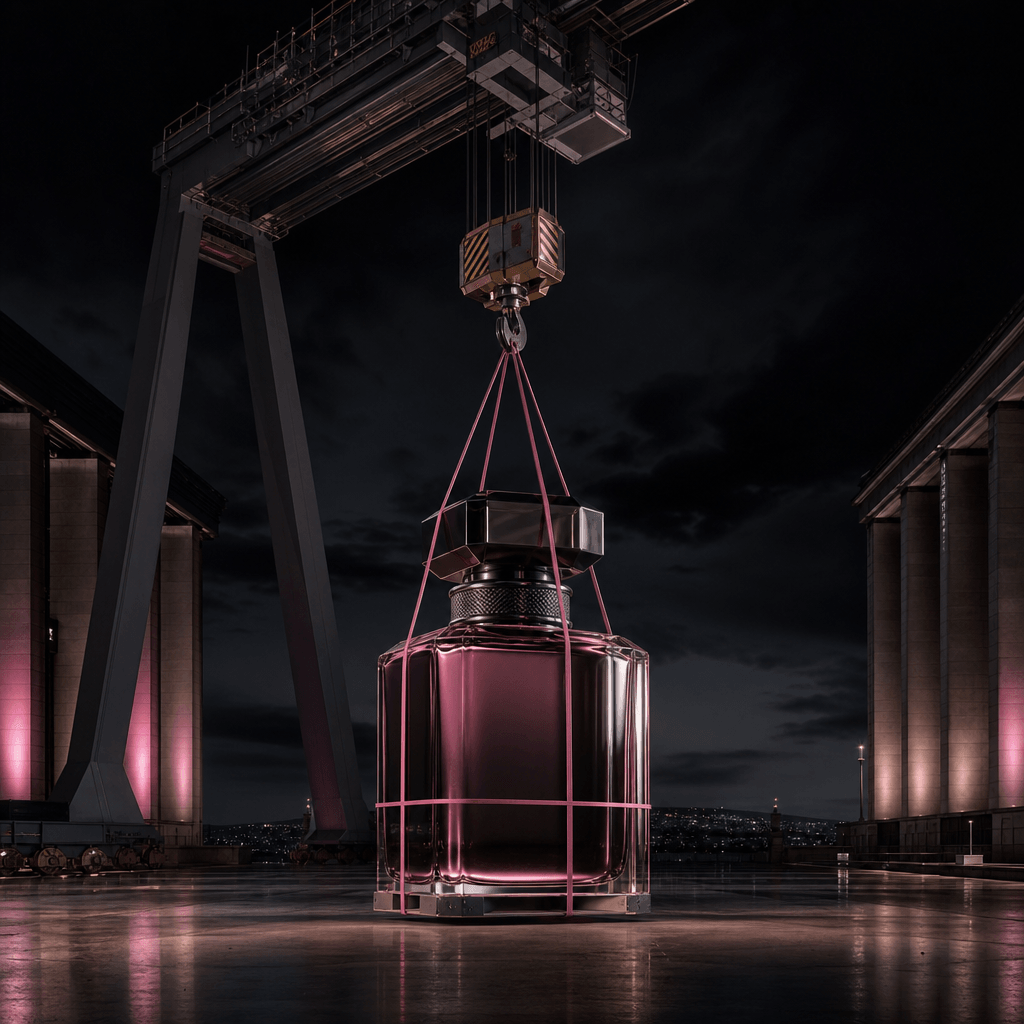 A luxury perfume bottle delivered by a monumental industrial crane into a pristine nighttime plaza, tiny packaging strap