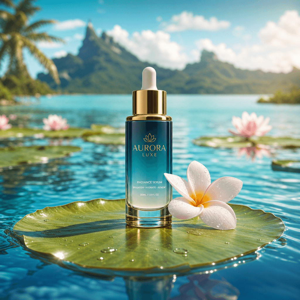 Luxury lipstick or serum bottle positioned on a lily pad in blue lagoon setting. Tropical, dreamy aesthetic, aspirationa