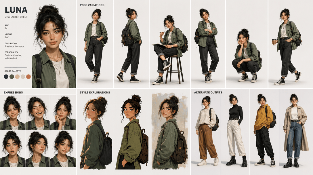 Grid layout showing diverse pose variations of same character in different positions and styles, studio lighting with st