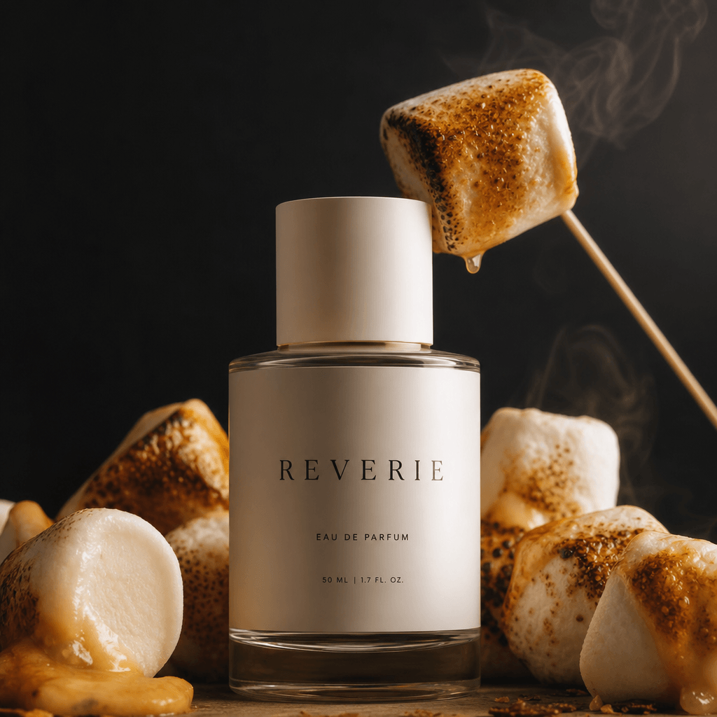 A minimalist white fragrance bottle surrounded by toasted marshmallows and delicate caramelized edges, warm cinematic st