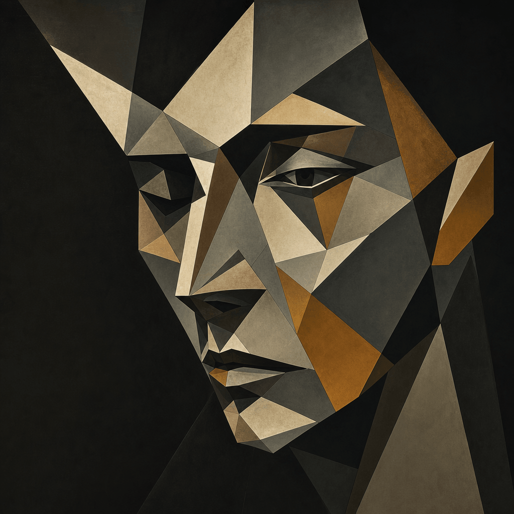 Abstract geometric interpretation of a human face with intersecting angular planes, sharp facets, minimalist dark backgr