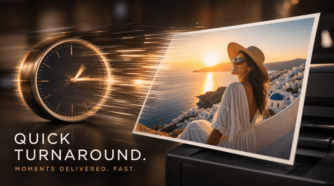An atmospheric scene representing quick turnaround, showing a clock and a beautiful lifestyle photo emerging simultaneou