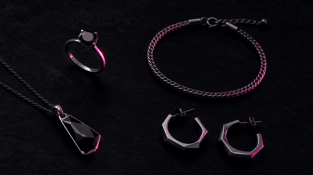 Abstract overhead arrangement of four different jewelry pieces — a ring, a bracelet, a pendant, a pair of earrings — on 