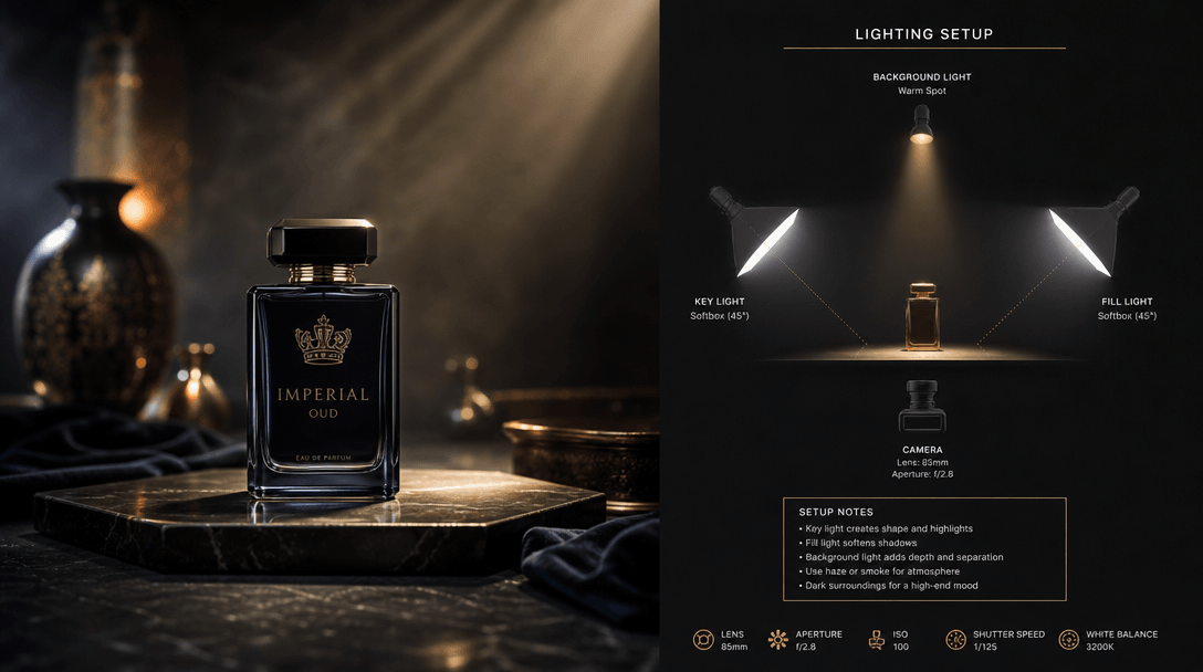 Cinematic product lighting setup: luxury object under three-point studio lights with dramatic shadows and atmospheric ha