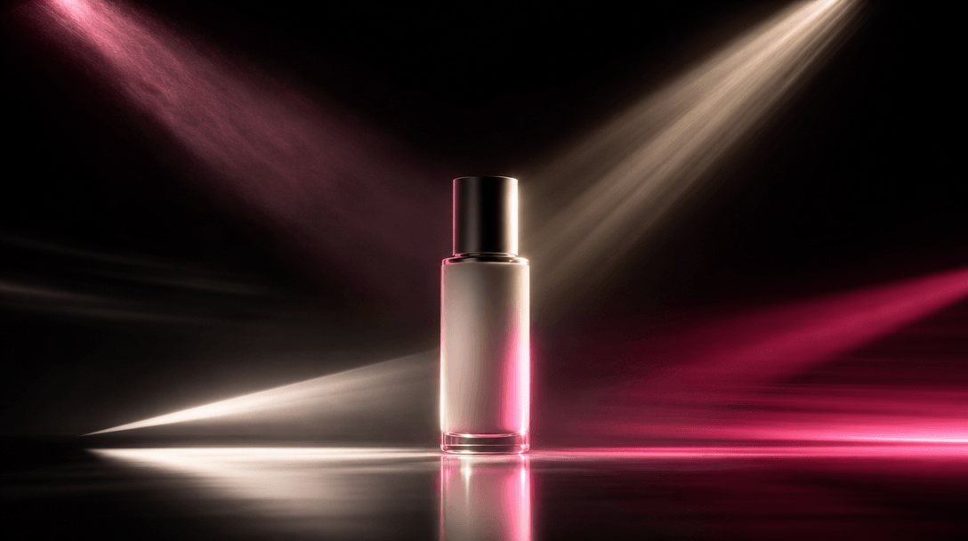 Four distinct beams of cinematic light converging on a single unbranded beauty bottle, each beam revealing a different m