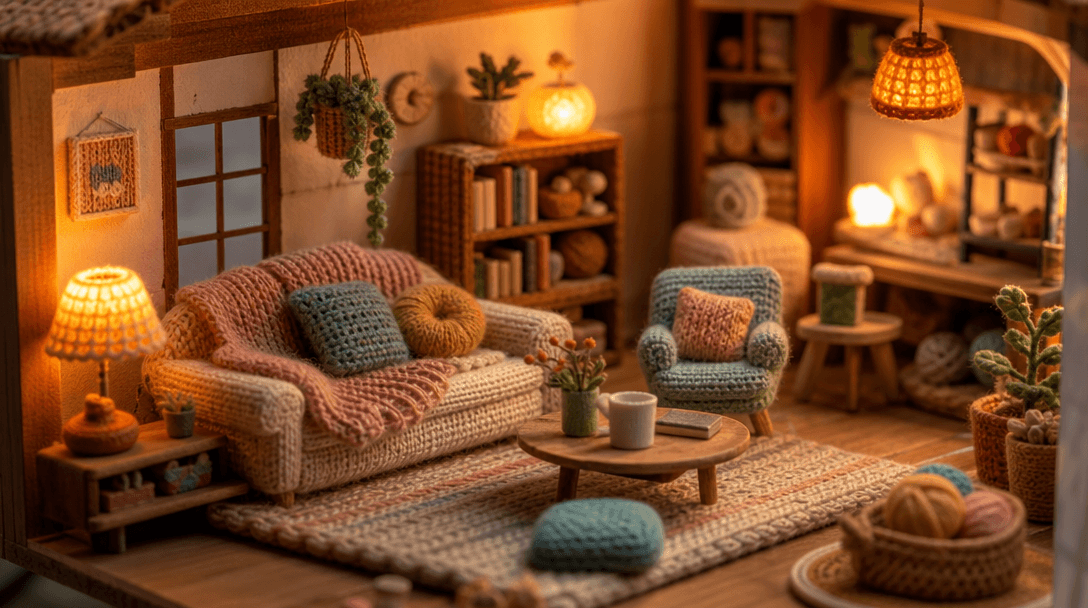Abstract miniature diorama room setting: cozy interior scene, warm ambient lighting, textile elements, knit aesthetic su