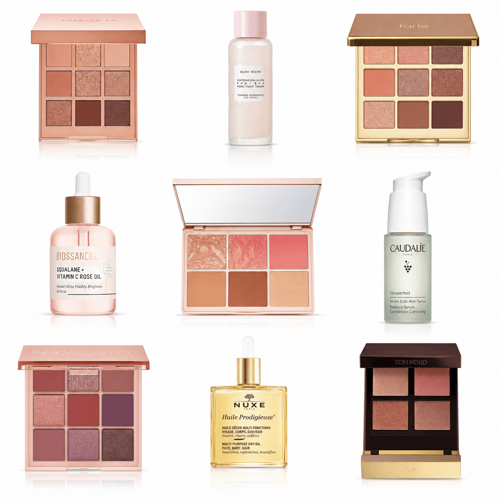 Nine cosmetic products in 3x3 tic-tac-toe grid, makeup palettes dominant with complementary skincare bottles, profession