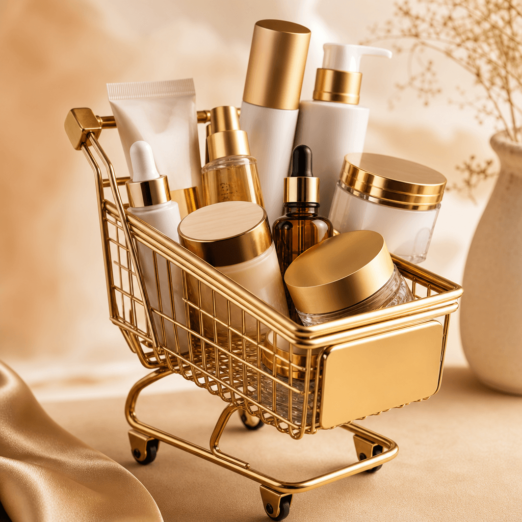 Multiple skincare products arranged in luxury shopping cart, professional editorial composition, warm studio lighting, n