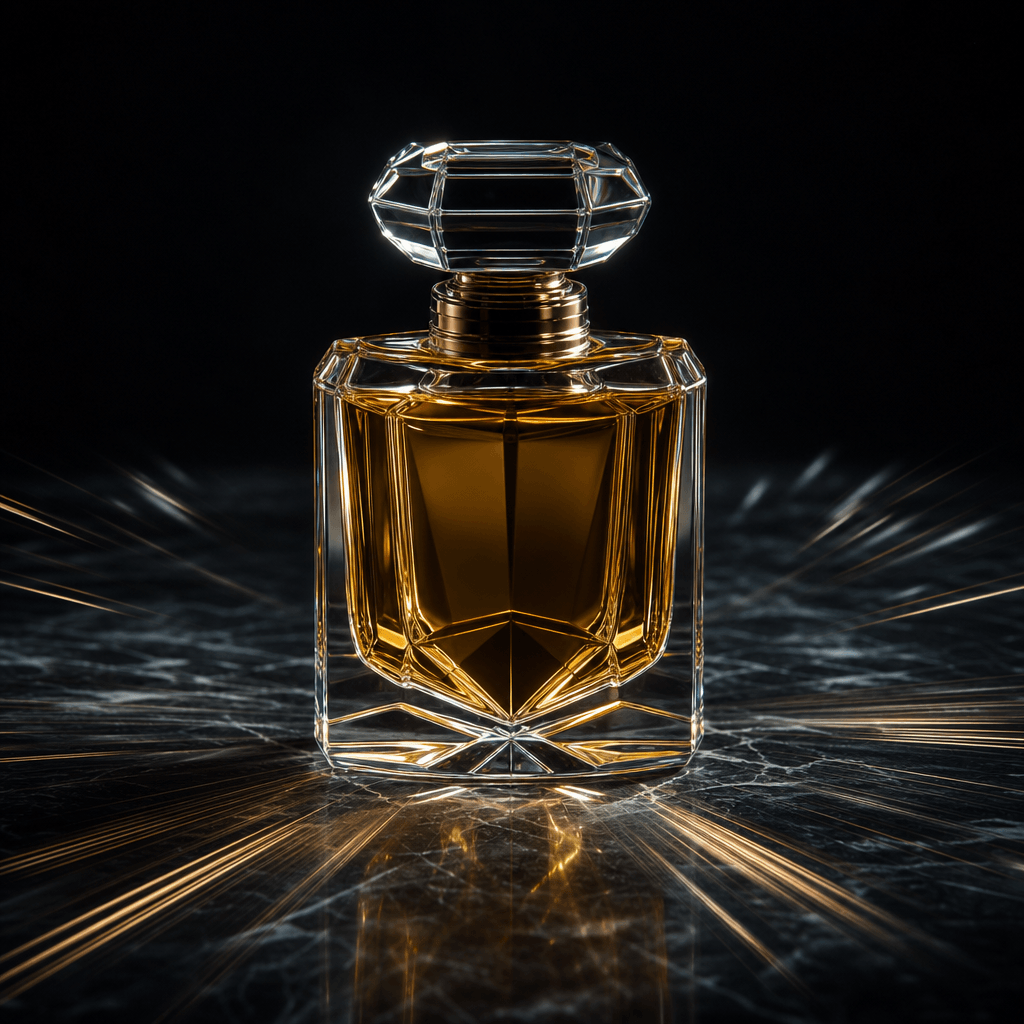 A single luxury perfume bottle centered on a dark polished stone surface, fine motion streak lines radiating outward fro