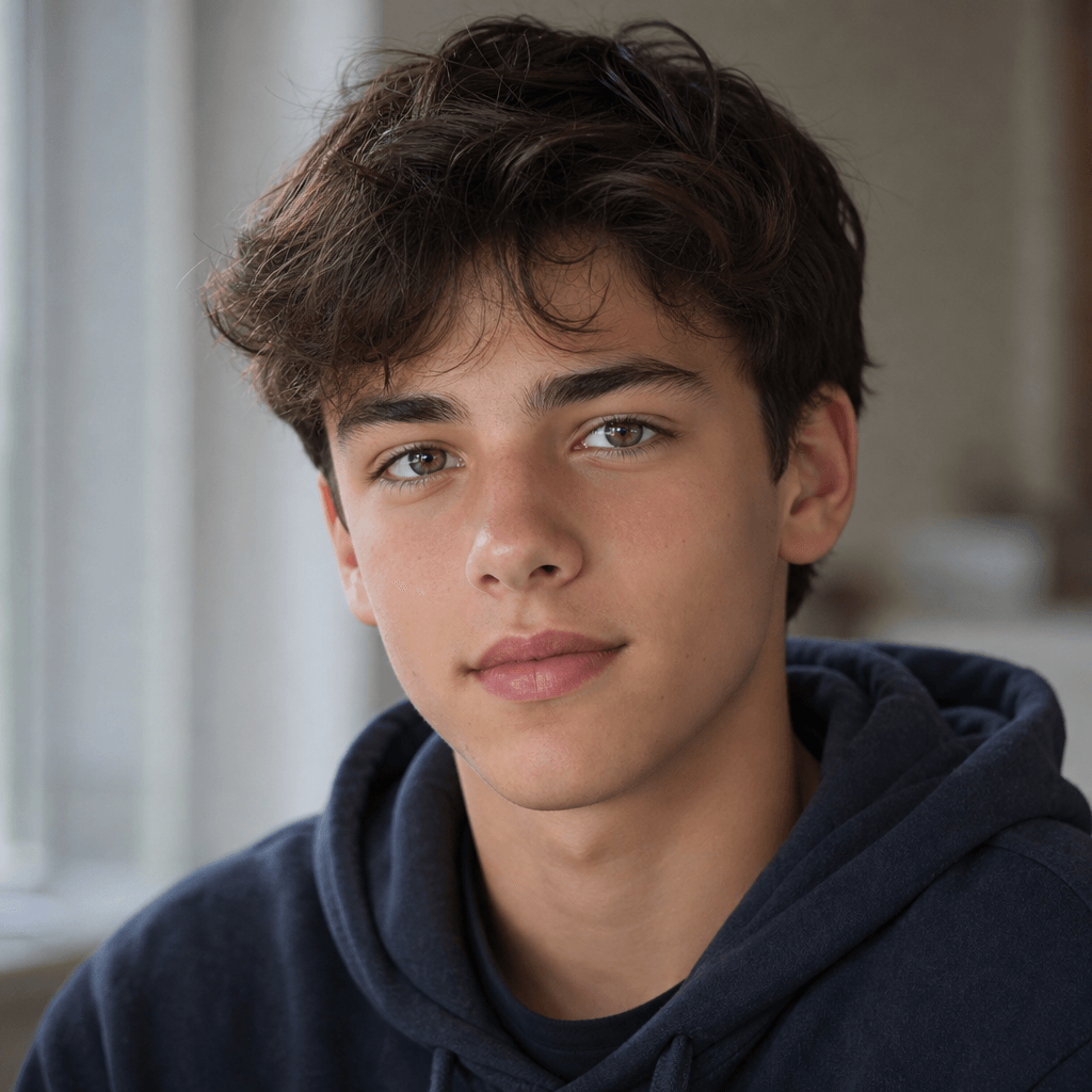 Portrait of a young teenager showing natural development with refined facial structure. Clear eyes, matured features fro