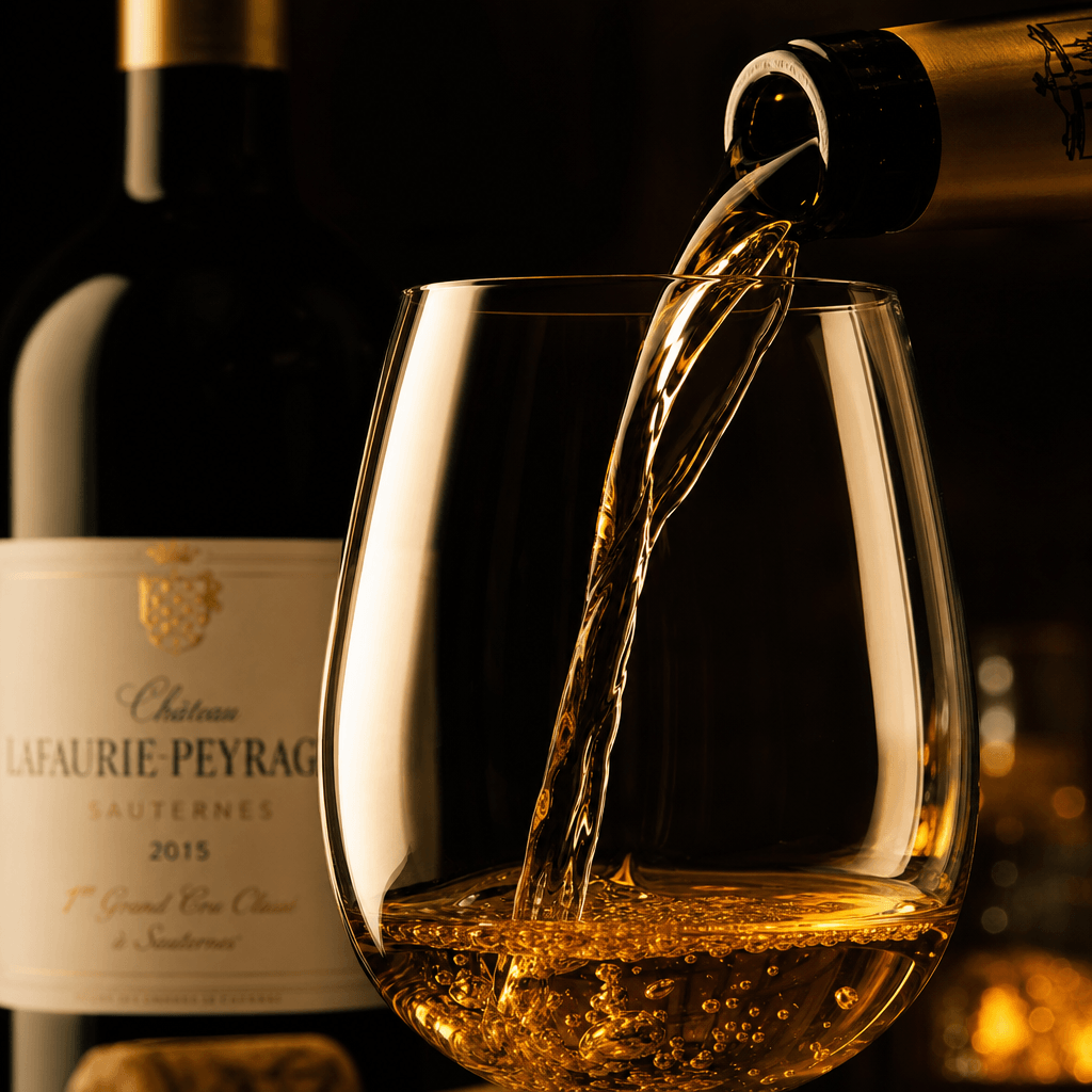 Premium wine bottle and glass pairing. Close-up detail of wine being poured into elegant glass, warm golden amber light 