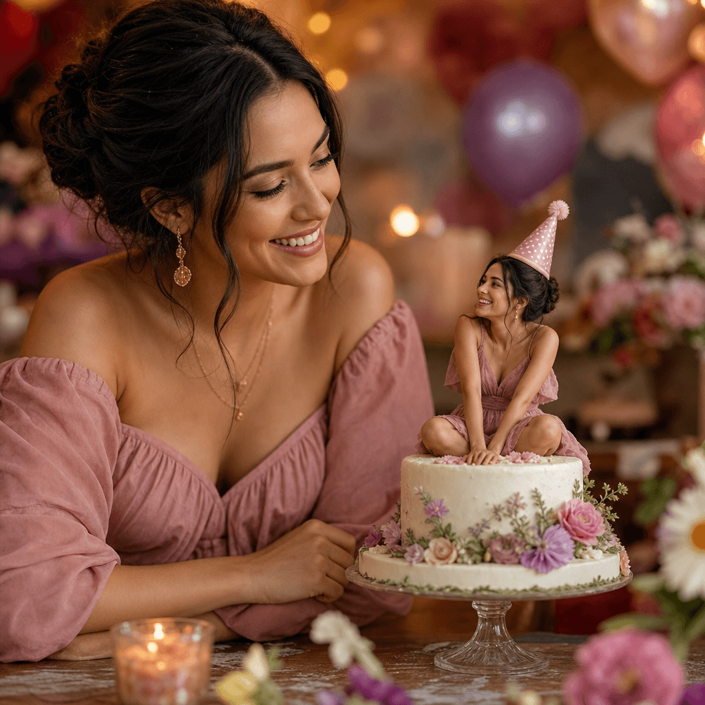 Playful birthday scene: a woman smiles at a photorealistic miniature version of herself perched on top of a small celebr