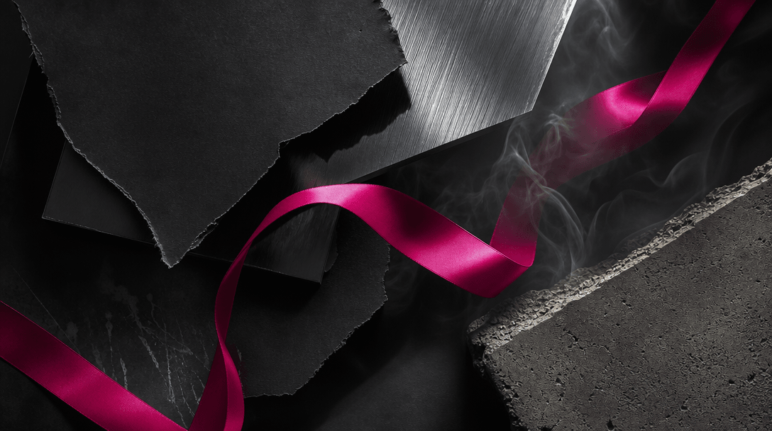 A curated arrangement of torn black paper, brushed metal, translucent smoke, coarse concrete, and one vivid hot pink rib