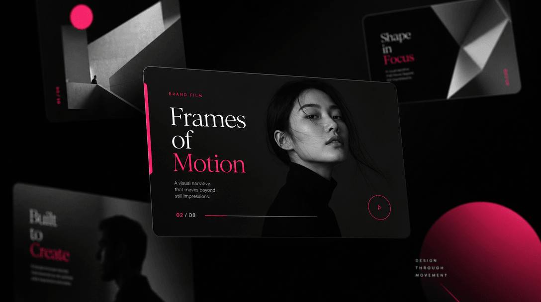 Sleek dark background with floating video frame cards in minimalist design. Hot pink and off-white accent elements. Soft