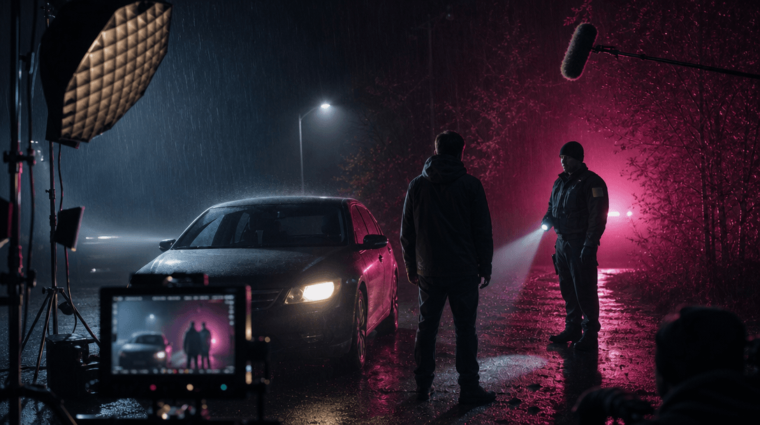 A staged film set interpretation of a fictional roadside encounter, showing controlled lights, atmospheric rain, an unma