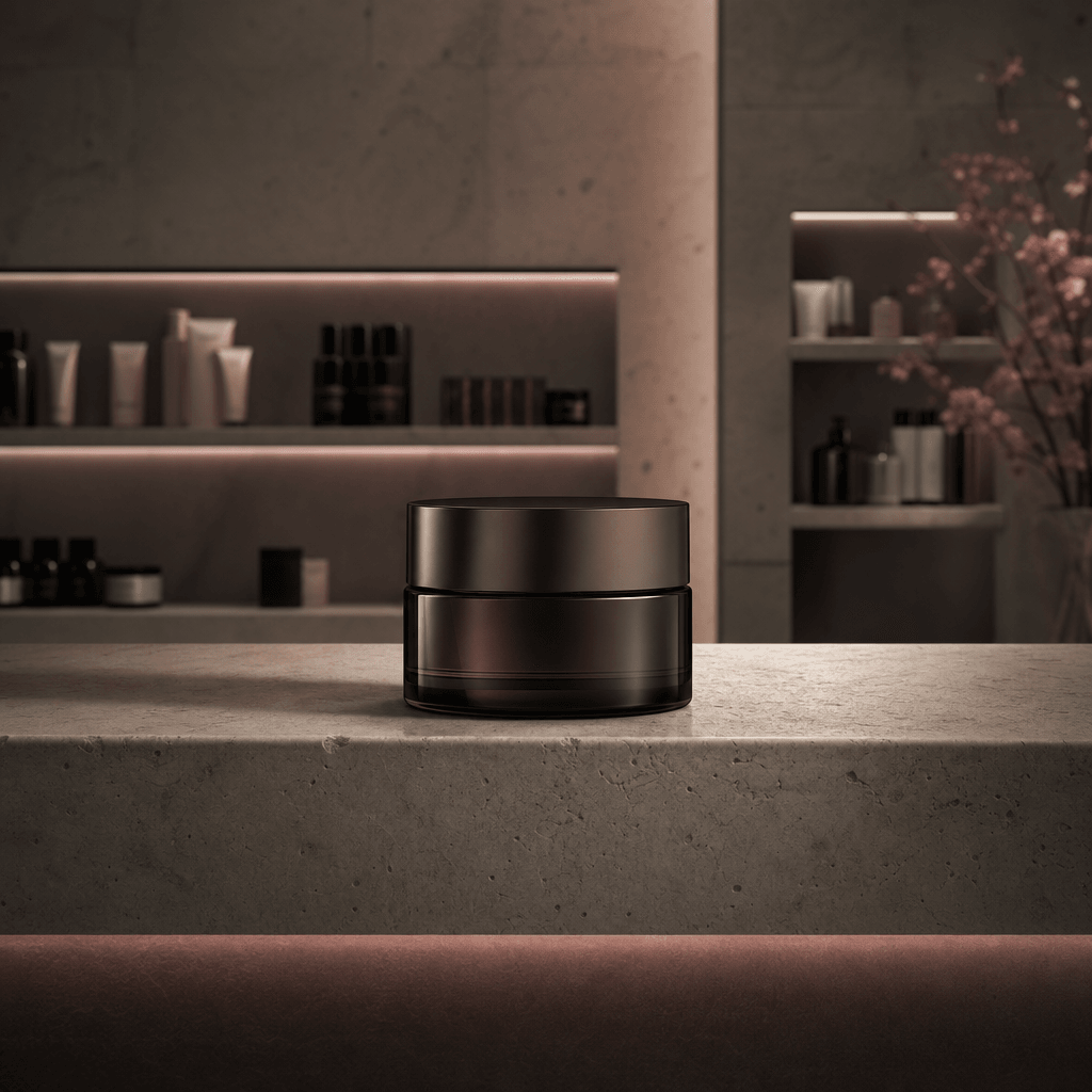 A minimalist cosmetic jar centered on a premium department-store shelf with limestone surfaces, soft recessed lighting, 