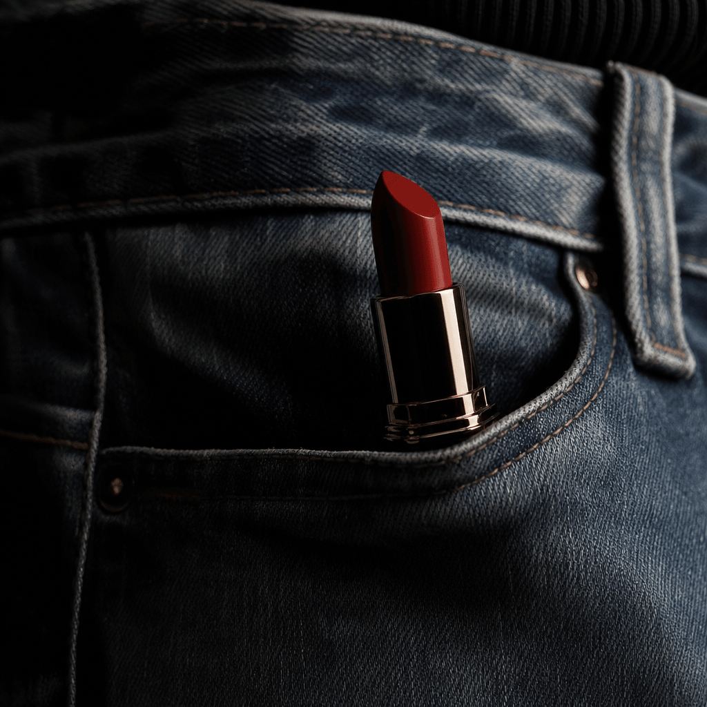 A sculptural lipstick tube emerging from a faded blue denim pocket, believable scale and natural fabric folds, rich red 