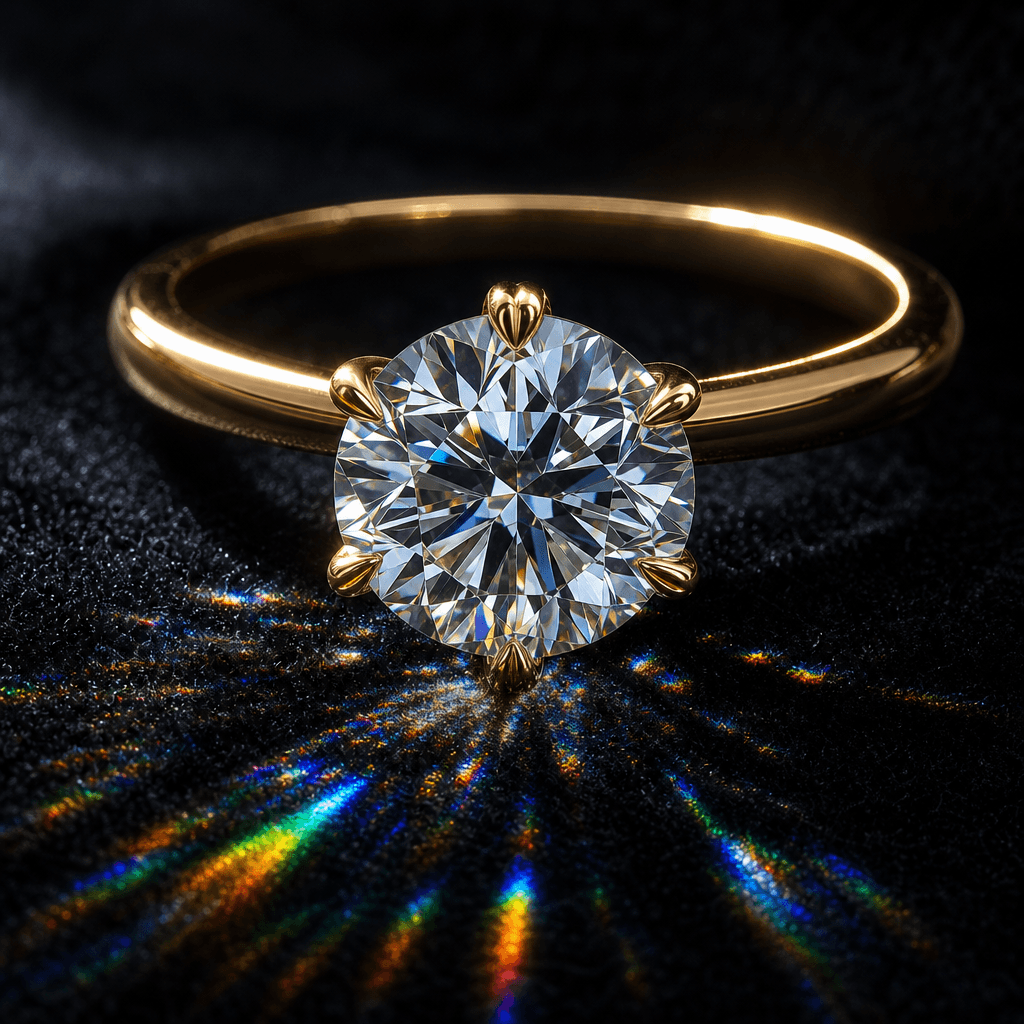 Macro close-up of a round brilliant diamond solitaire ring resting on black velvet, soft fill light from the left and a 